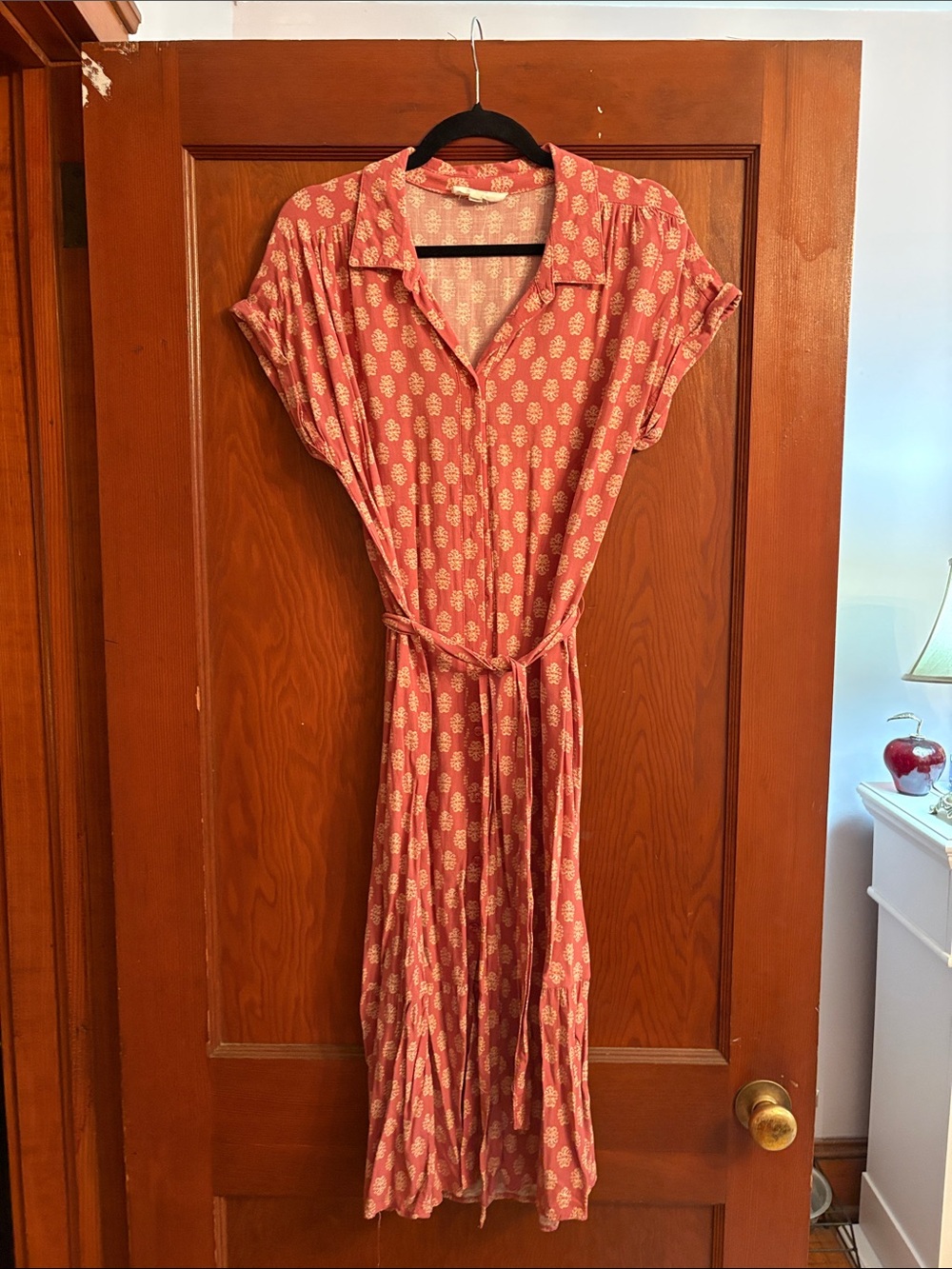 Lucky Brand Coral Printed Midi Shirt Dress with Tie Waist